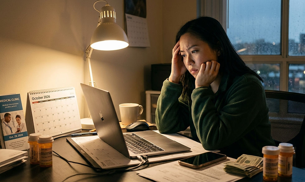 An woman sits at a desk at night, looking stressed and resting her chin in her hand as she stares at a laptop screen.