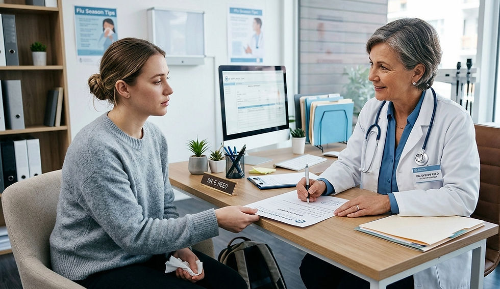 Canadian employee consulting doctor for sick leave note for workplace absence