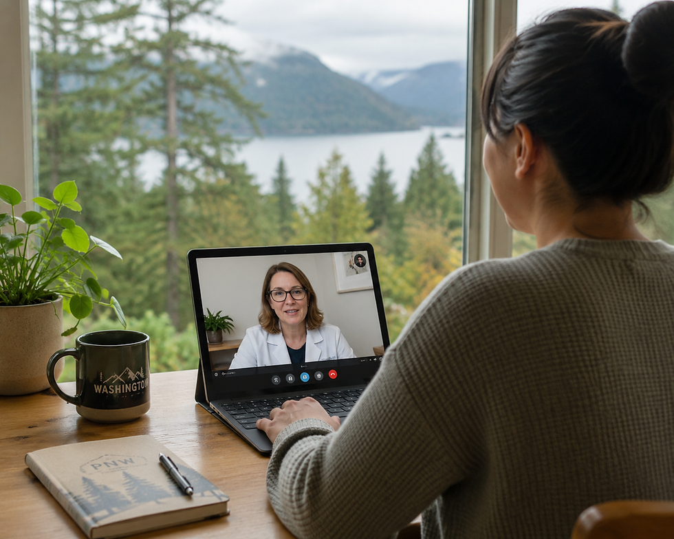 Person in Washington state connecting to a telehealth psychiatrist appointment — MHMATTERS365 telehealth psychiatrist Washington state