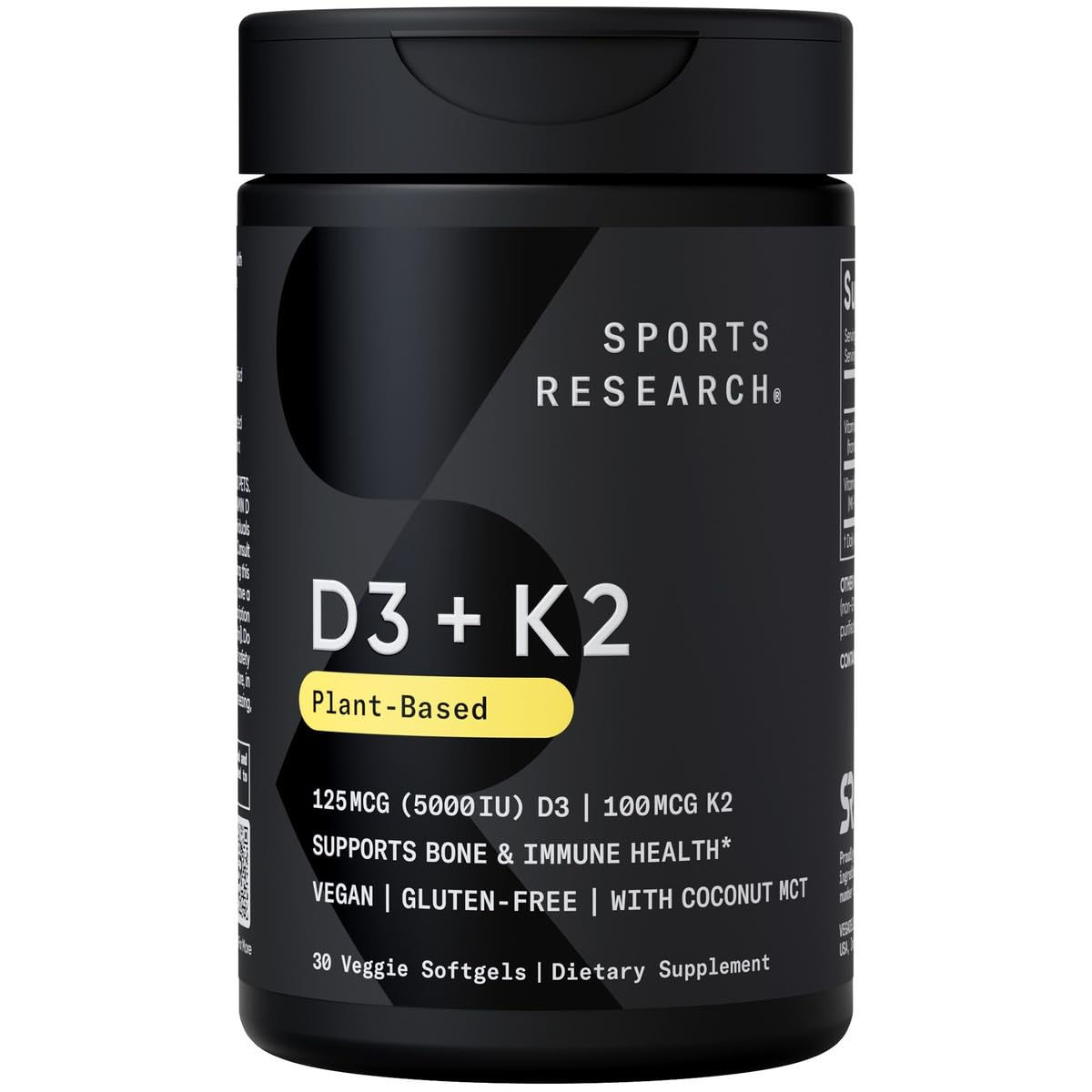 Sports Research Vitamin D3 K2 with Coconut Oil | Plant Based Vitamin K2 MK7 + Ve
