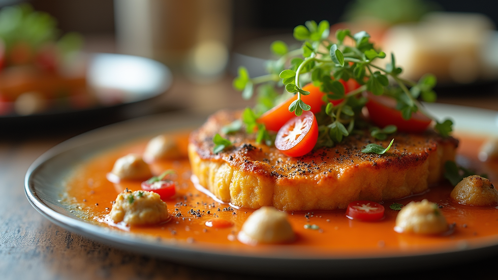 Close-up view of a gourmet kosher dish with vibrant colours and elegant plating