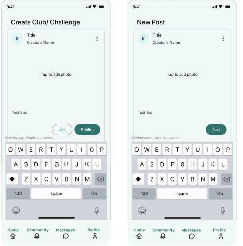 Clubs and Challenges Prototype Screens