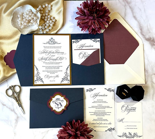 Burgundy and Navy Letterpress pocket suite with coordinating details in the envelope liner, RSVP envelope and tag closure.