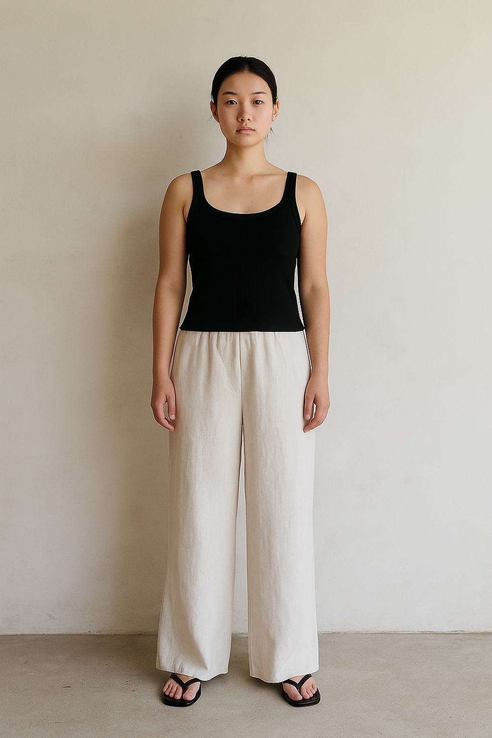 Thumbnail: Model wearing black ribbed cotton tank top with round neck and slim fit.