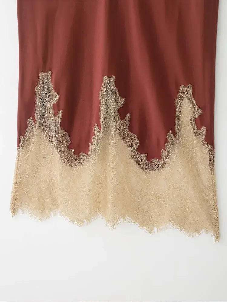 Thumbnail: Copper Satin Lace-Trim Midi Skirt