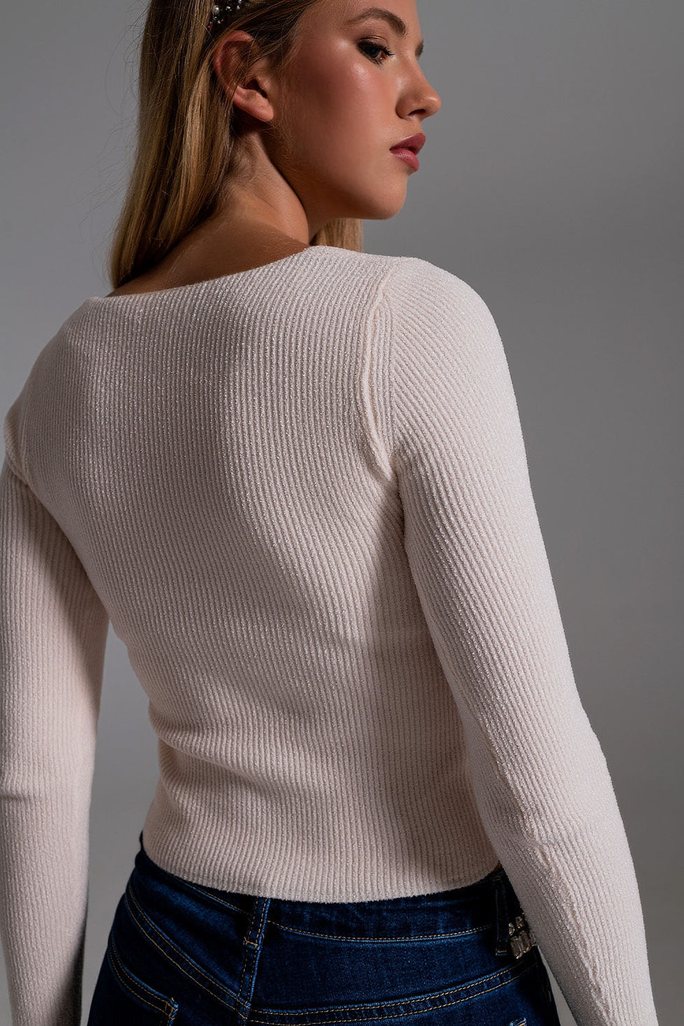 Thumbnail: ribbed white sweetheart neckline top back view