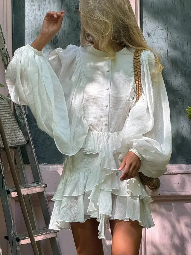 Thumbnail: Ruffle Peplum Mini Dress with Balloon Sleeves