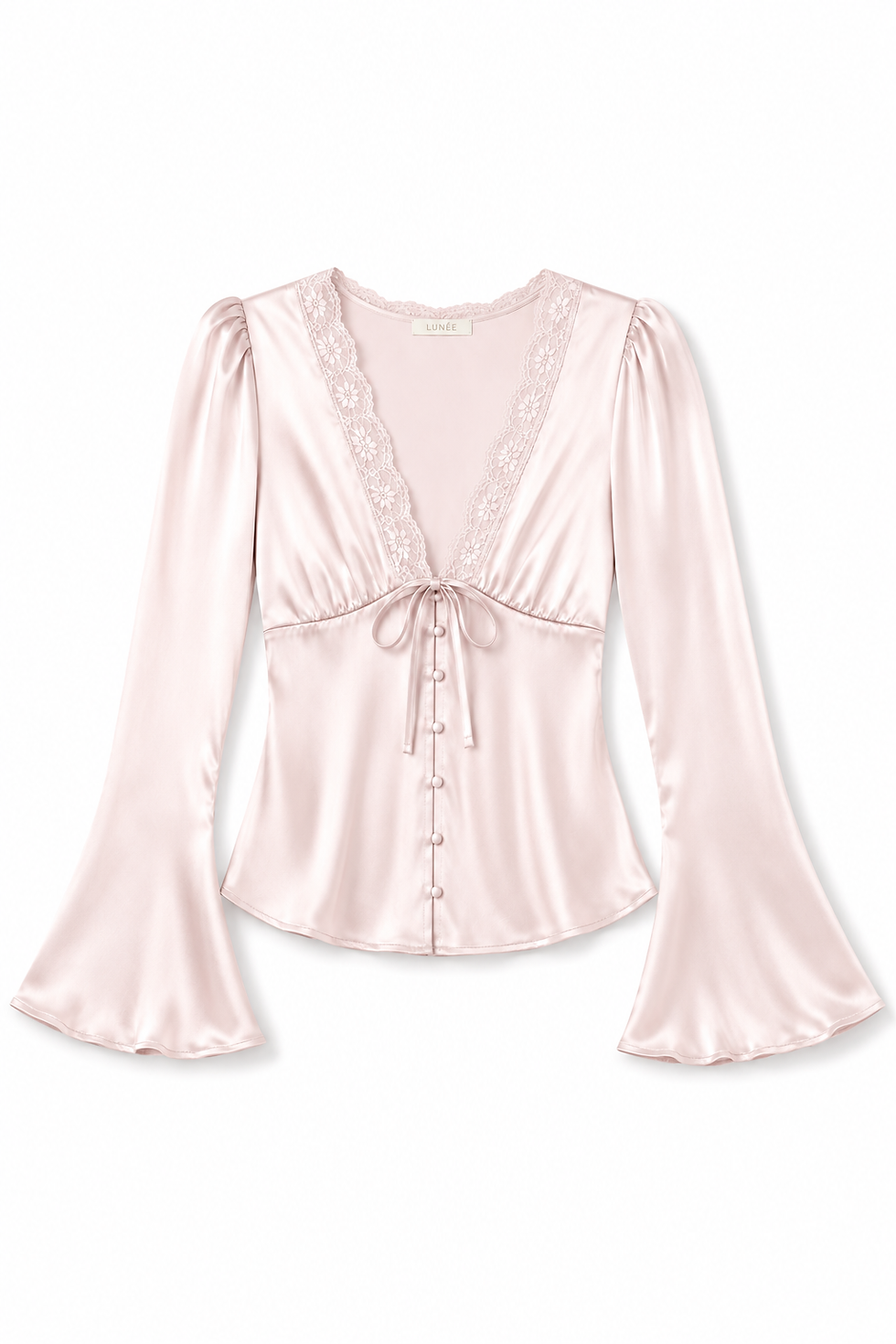 Thumbnail: Satin Tie-Front Lace Trim Long Sleeve Blouse