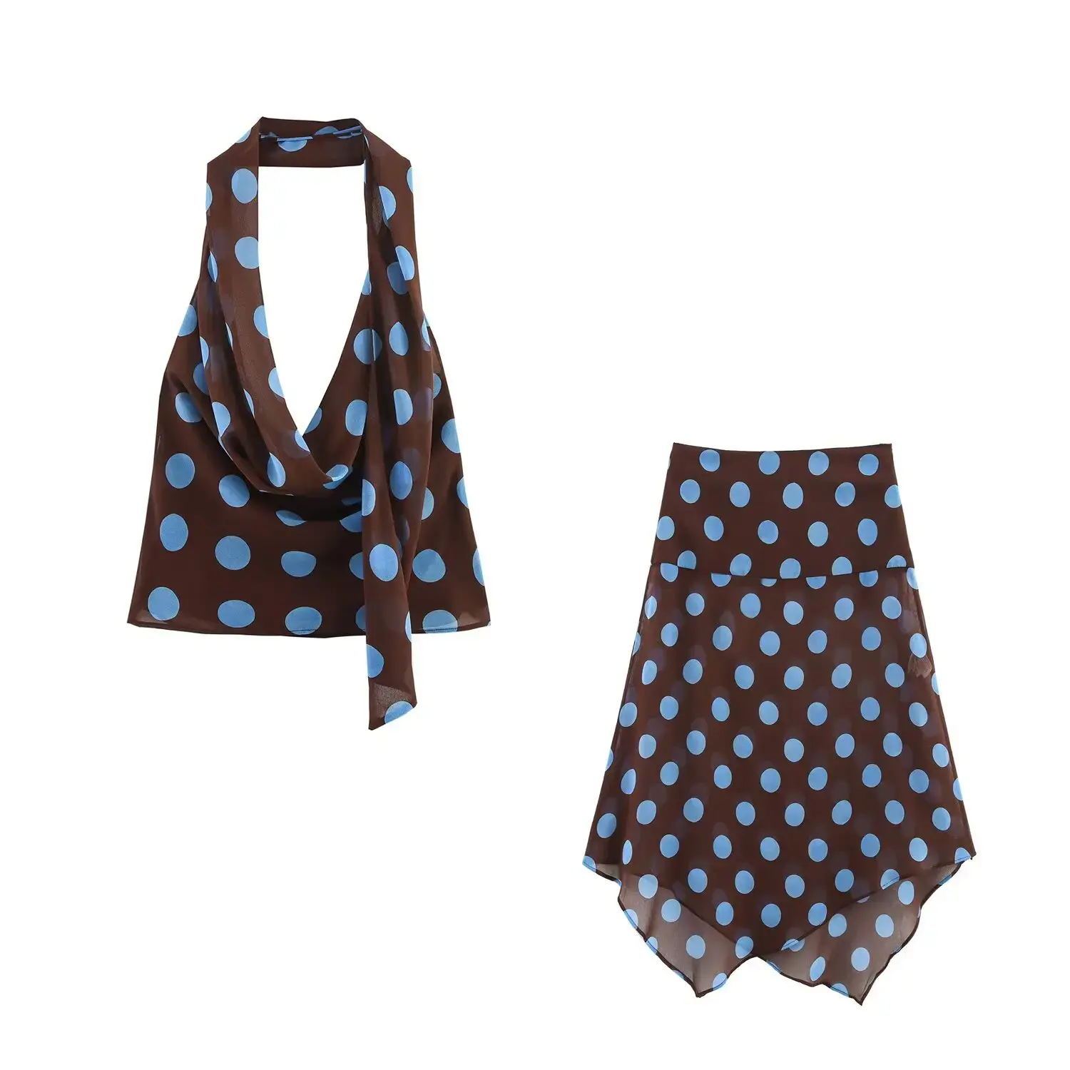 Polka Dot Draped Halter Top & Asymmetric Skirt Matching Set