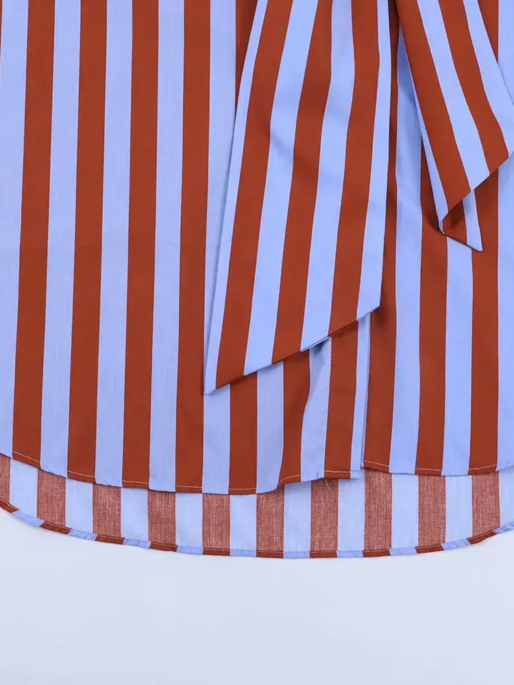 Thumbnail: Blue & Rust Striped Tie-Neck Blouse