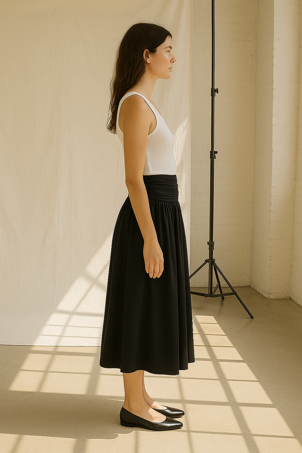 Side profile of model in black Mariana skirt showing movement and soft volume.