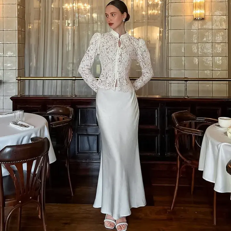Thumbnail: Lace Mandarin Collar Long Sleeve Blouse