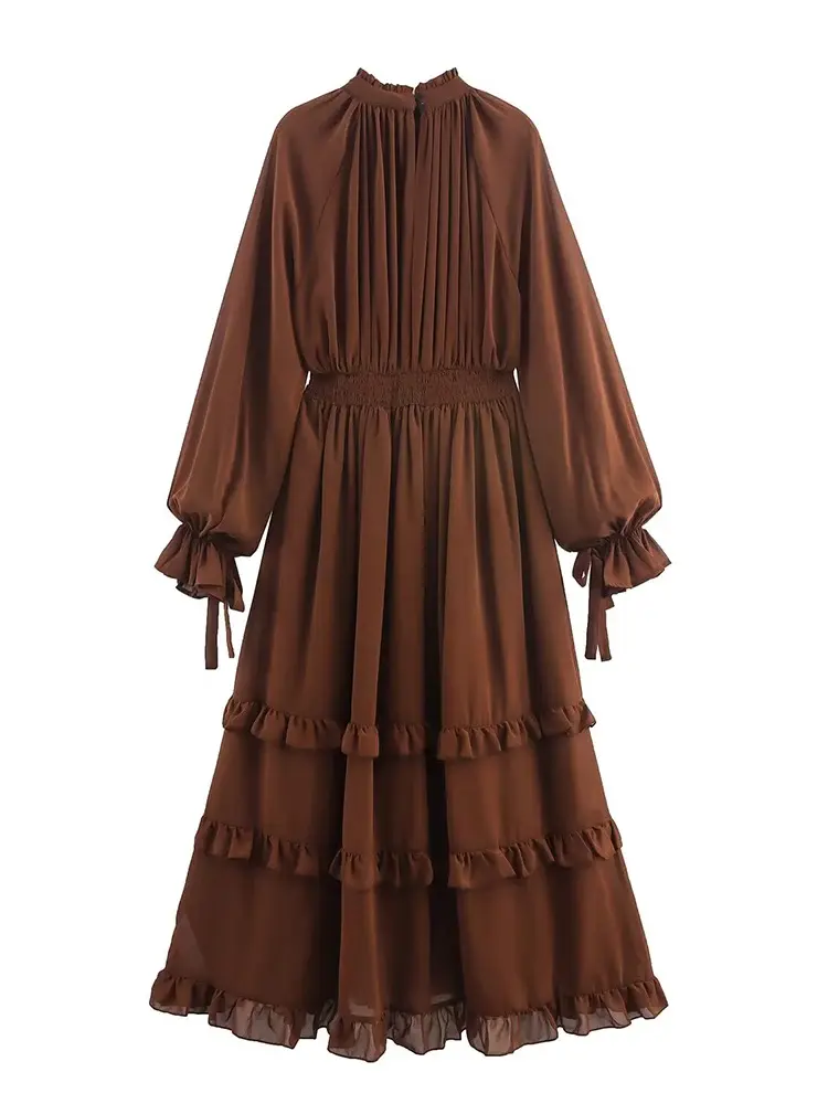 brown ruched maxi dress