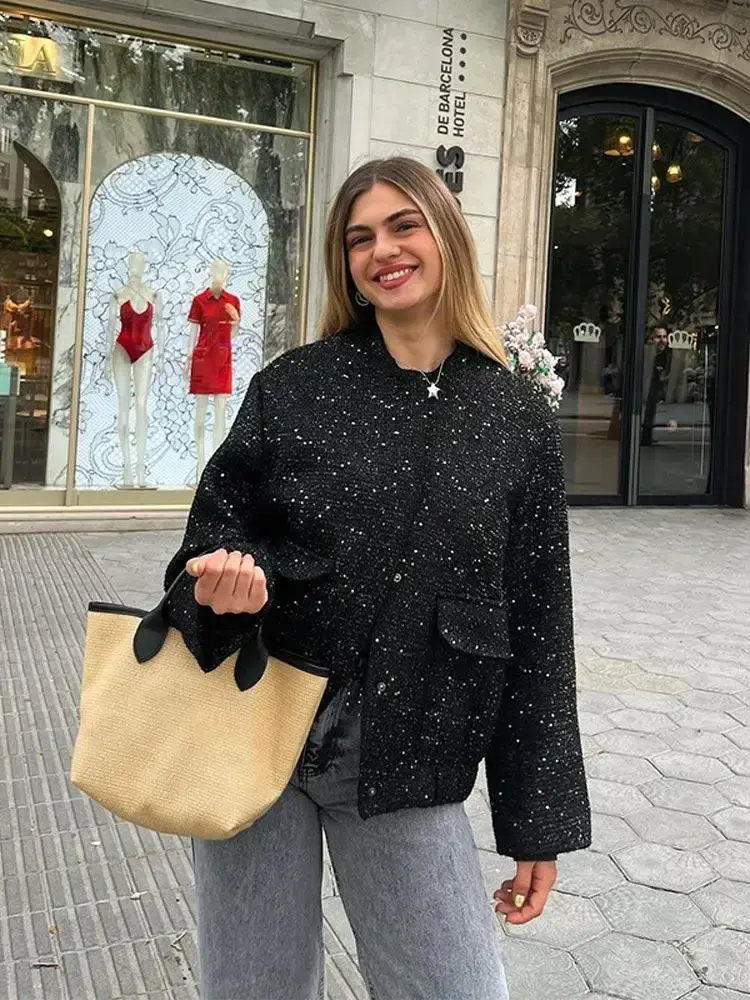 Thumbnail: Sequin Tweed Oversized Bomber Jacket