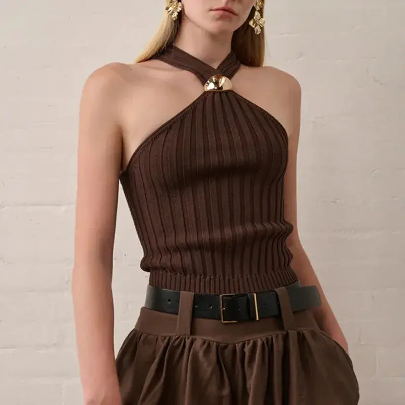 Thumbnail: Ribbed Gold Hardware Halter Knit Top