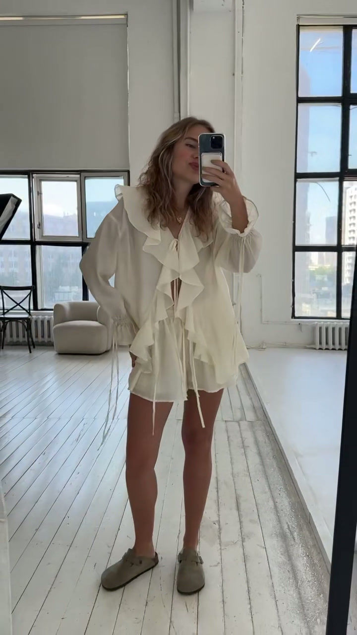 Thumbnail: Ruffle Tie-Front Blouse & Shorts Set