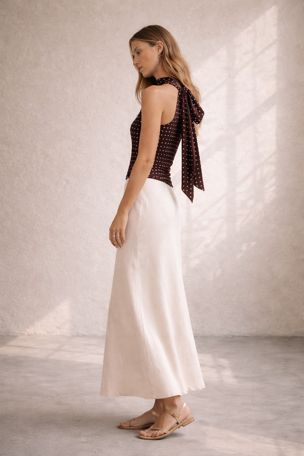 Thumbnail: Polka Dot Scarf-Drape Halter Top with Gold Brooch –