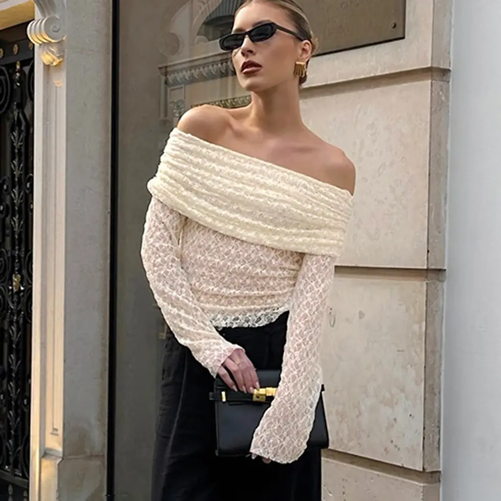 Thumbnail: Cream Off-Shoulder Lace Top