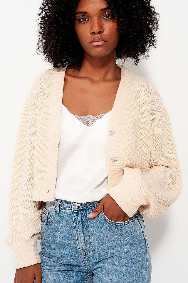 Ribbed V-Neck Cardigan with Rhinestone Buttons, $84