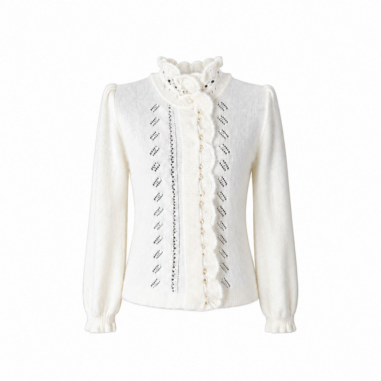 Ivory Pointelle Lace Trim Knit Button-Up Cardigan