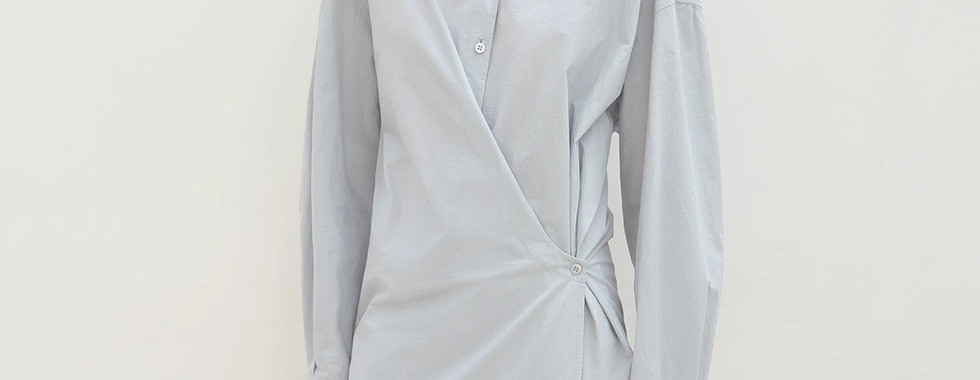 light blue shirt dress with baloon sleeves front view