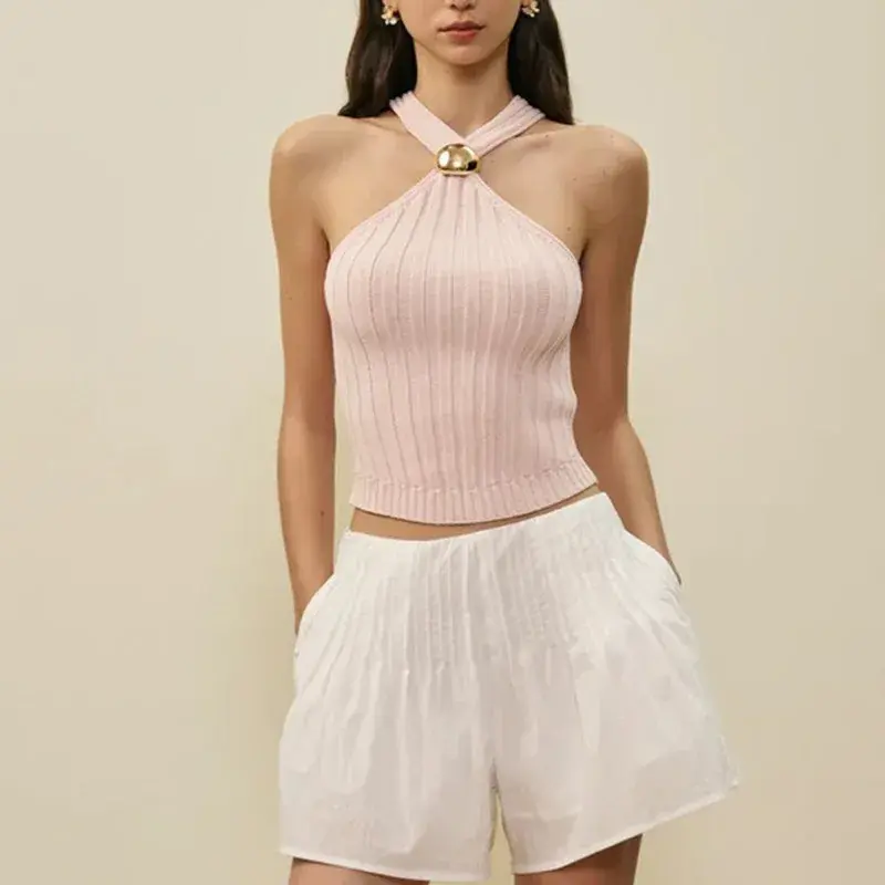 Thumbnail: Ribbed Gold Hardware Halter Knit Top