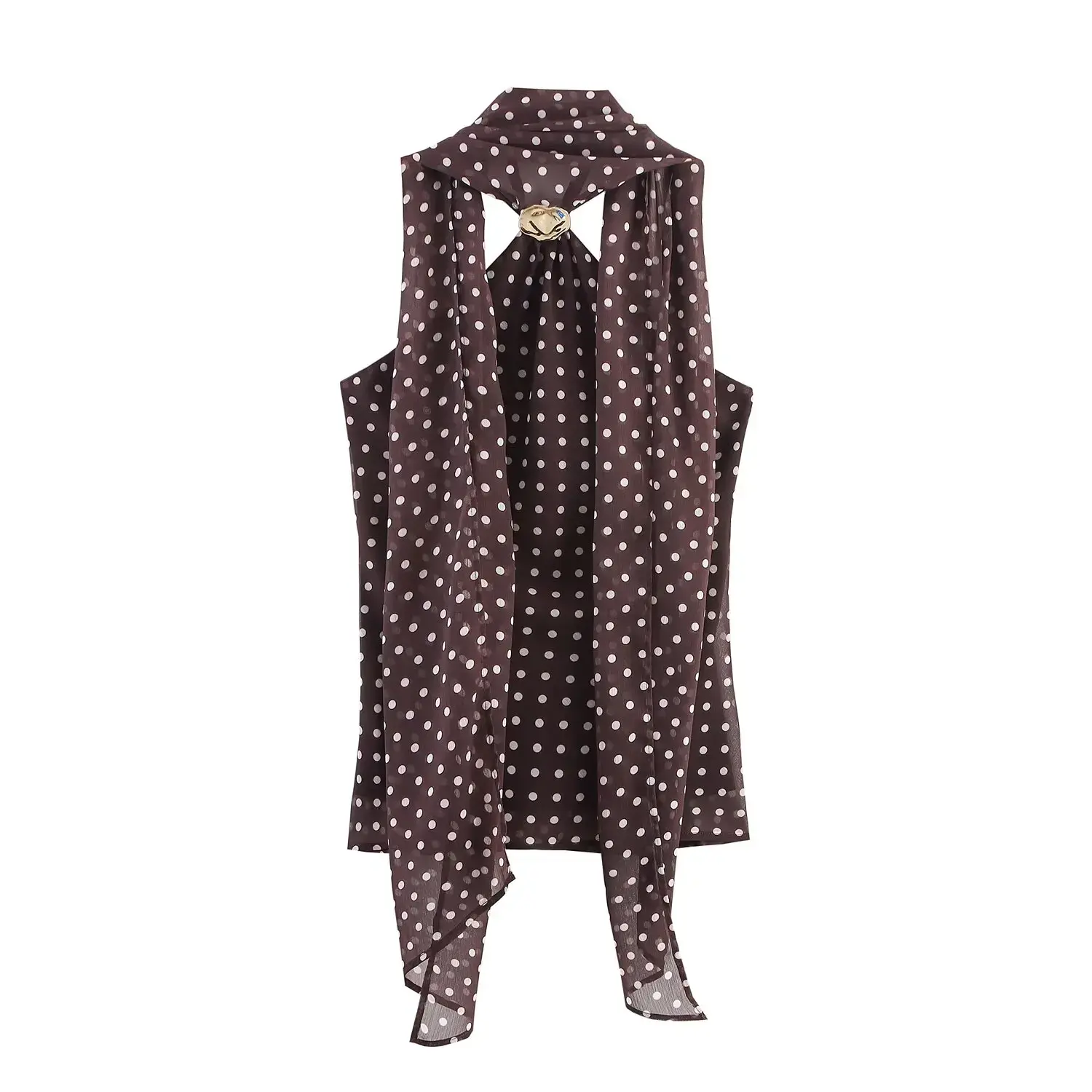 Polka Dot Scarf-Drape Halter Top with Gold Brooch –