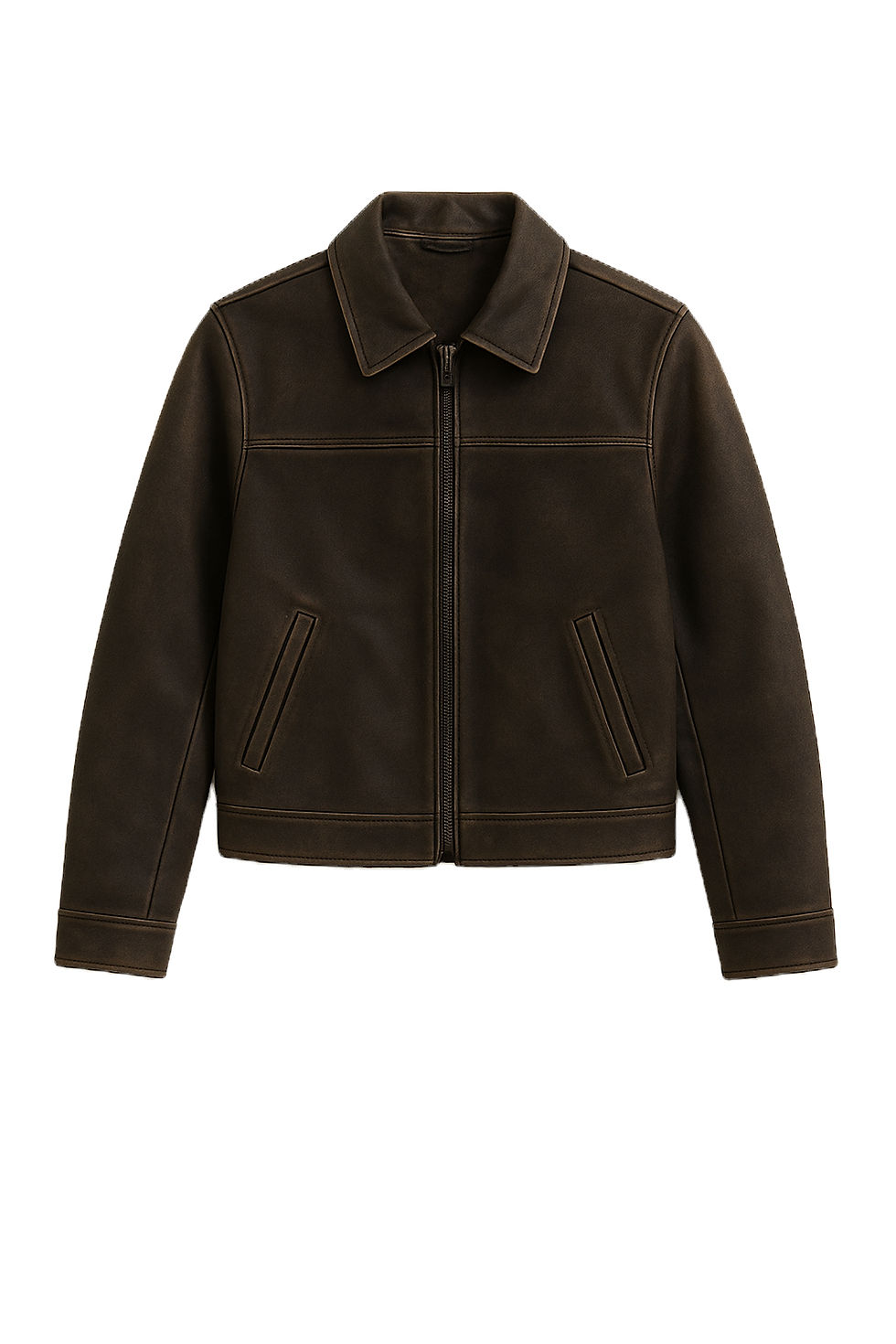 Distressed Vegan brown Jacket flatlay front view