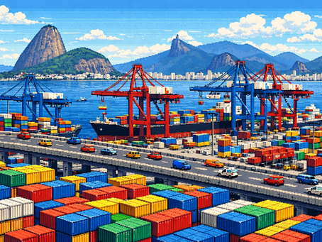 Uma ilustração em estilo pixel art vibrante e detalhada do Porto do Rio de Janeiro. Em primeiro plano, centenas de contêineres coloridos (azul, vermelho, amarelo e verde) estão empilhados de forma organizada. Uma via elevada cruza a cena com vários carros pequenos em movimento. No plano médio, grandes guindastes portuários vermelhos e azuis operam sobre um navio cargueiro atracado na Baía de Guanabara. Ao fundo, a icônica silhueta das montanhas do Rio de Janeiro é visível, incluindo o Pão de Açúcar à esquerda e o Corcovado (com a estátua do Cristo Redentor) ao centro. O céu está azul com nuvens brancas esparsas, e a estética geral remete a videogames clássicos de simulação.