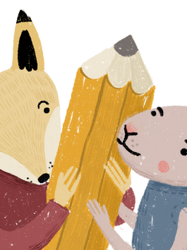 A charming illustration of a fox and a rabbit playfully holding a giant pencil, showcasing a delightful moment of teamwork and creativity.