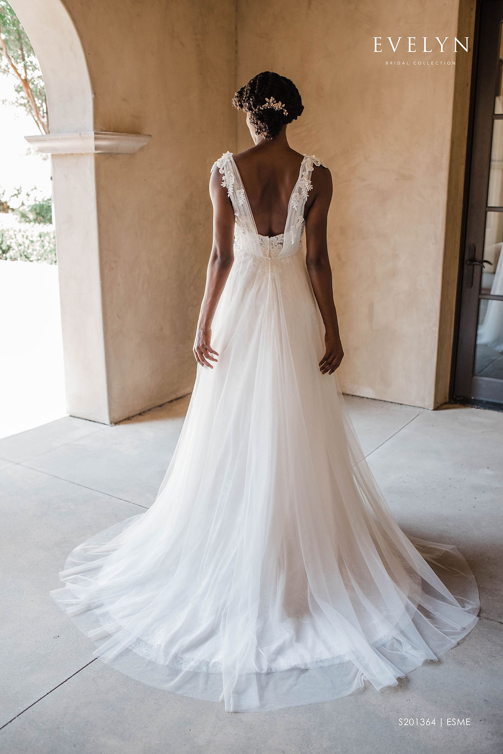 Thumbnail: Esme | S201364
Gown Info
Charming tulle and lace A-line gown with tulle topper. The bodice features a V neckline and lace embellished thin straps while the allover lace skirt fans out to a court length train. The dress can be worn with an elegant ruched tulle V-neck topper with lace embellishement at the shoulder.

Material
Lace

Tulle

 

Color & Size
Ivory/Nude/Ivory (Shown)

Ivory/Ivory

 

Sizes available in 2-28  / 14W-32W
