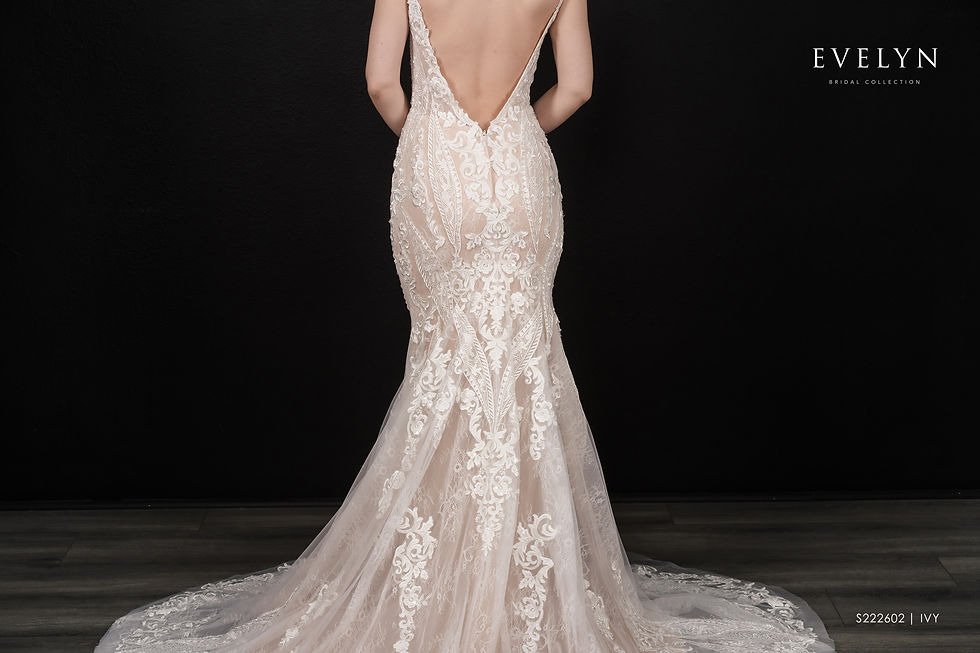 Thumbnail: A modern lace wedding gown. 

IVY | S222602
Gown Info
A carefree, modern dress with gorgeous lace detailing perfect for a bride that doesn’t want a traditional gown! The bodice features a deep V neckline complete with intricate lace and sheer designs. These details continue into the fitted skirt. The most dramatic part of the dress is the lace and uniquely scalloped train. 

Material
Lace Tulle

Color & Size
Ivory/Champagne (Shown)

Ivory

 

Sizes available - 2-28  / 14W-32W