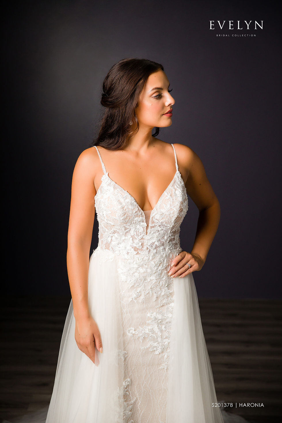 Thumbnail: Haronia | S201378
Gown Info
An exquisite gown laced with detailing and a tulle faux overskirt train to match the sheath sillouette. The spaghetti straps with small beads connect to the delicate bodice with a deep V-neck design. Slight sparkles on the tulle skirt are combined with small patches of flowered lace for a decorative touch.

Material
Lace

Tulle

 

Color & Size
Ivory/Nude/Ivory (Shown)

Ivory/Ivory

 

Sizes available in 2-28  / 14W-32W