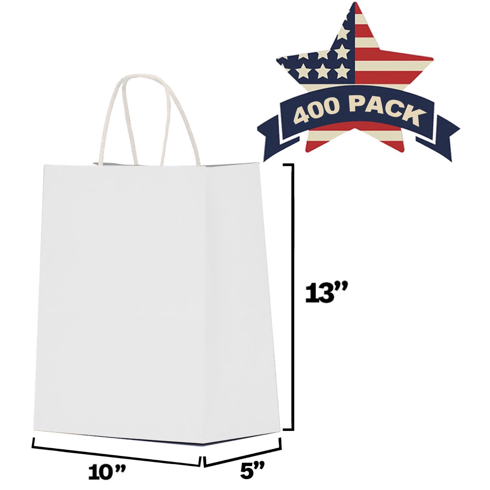 White Paper Bags with Handles Bulk 10x5x13 Inch (Pack of 400)