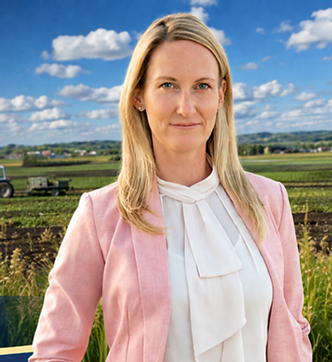 Political campaign cover image with candidate on the right, bold navy blue background on the left with large yellow and white typography, gold accents, and three icon callouts along the bottom; wide landscape aspect ratio.