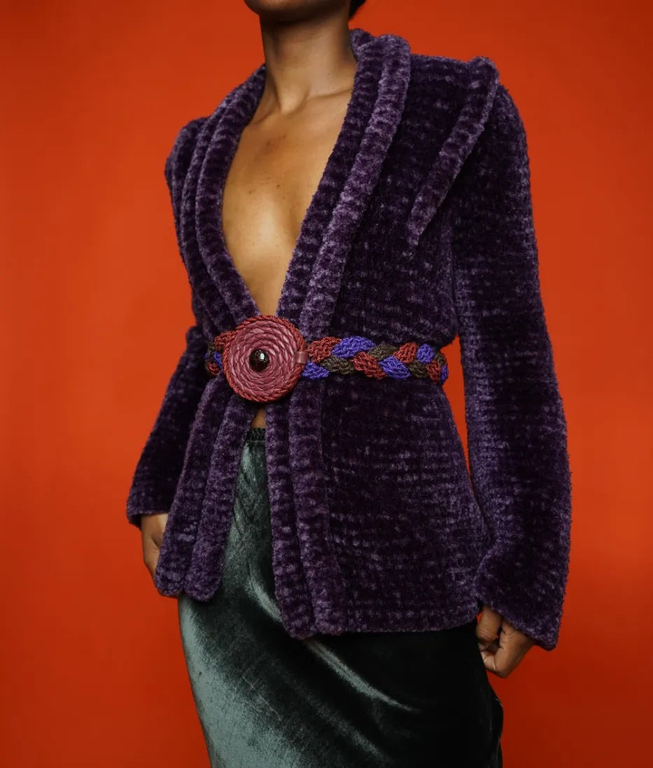 Thumbnail: Hattie Dark Purple Fleece Knitted Cardigan 