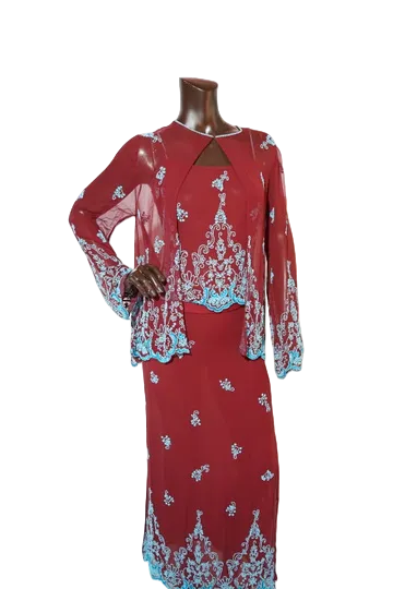Thumbnail: 1990s Camille Morgan Burgundy Embroidered Chiffon Two-Piece Set