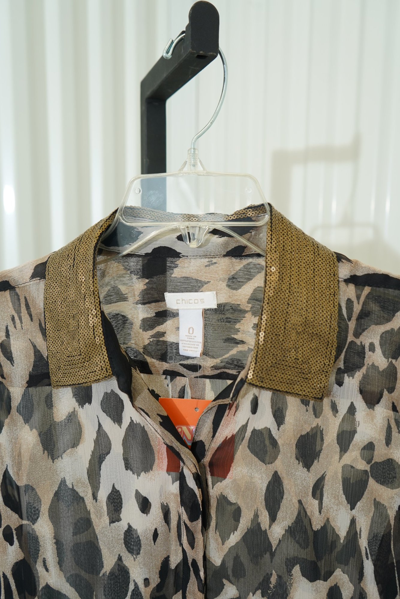 Chicos Sheer Animal Print Gold Sequin Collar Button Down, image 3