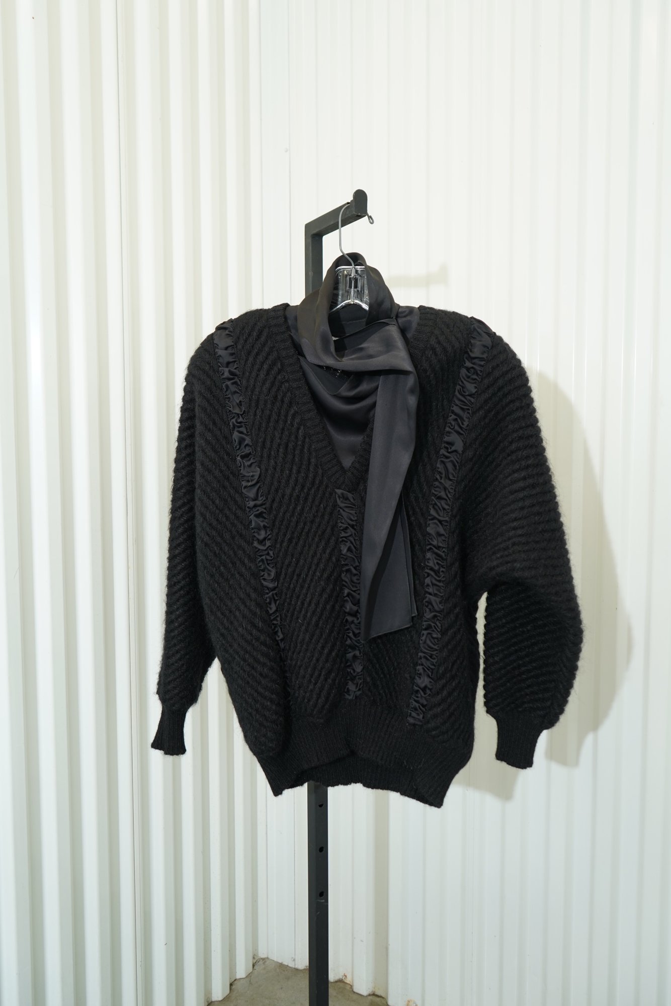 70s Black Ruffle Skilk Trim V Neck Layered Mohair Sweater -- Made in Italy, image 3