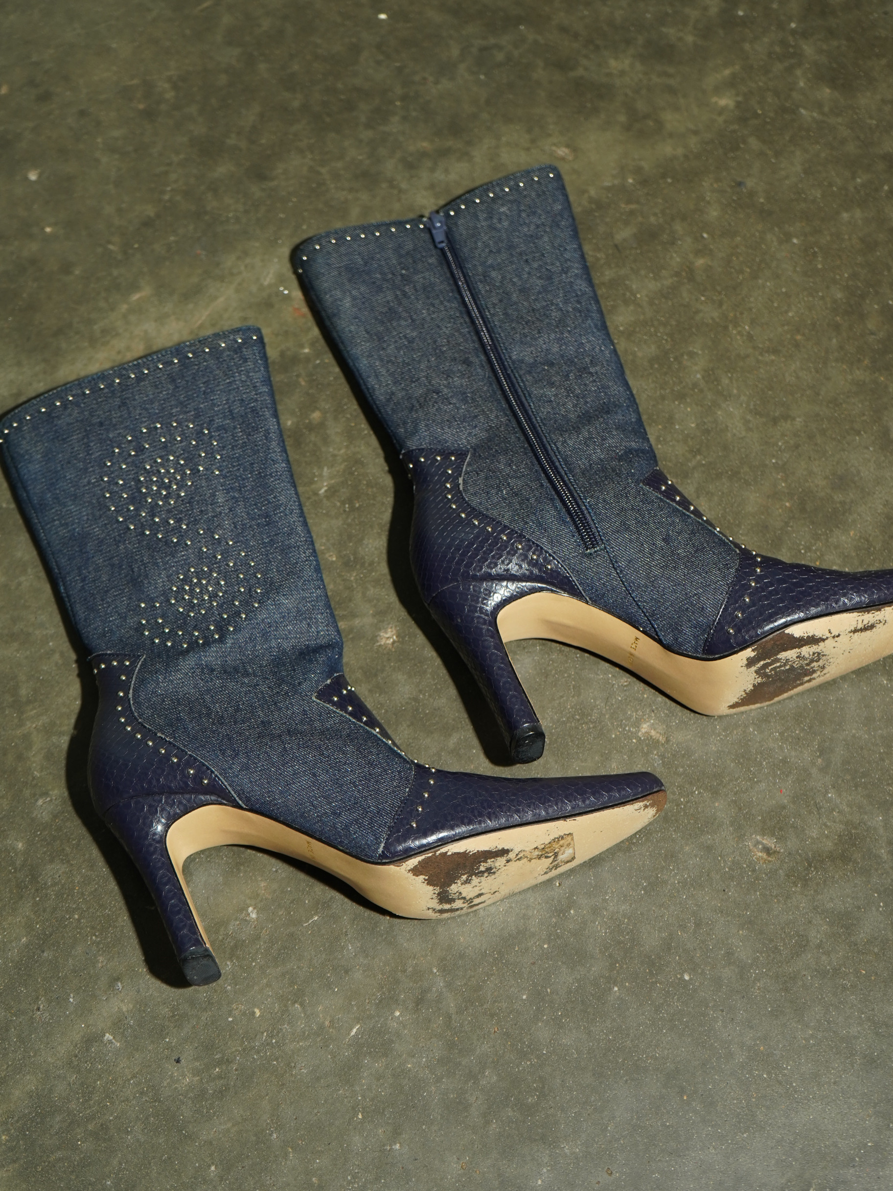 Denim & Dark Reptile Studded Heart Stiletto Boot — image 3