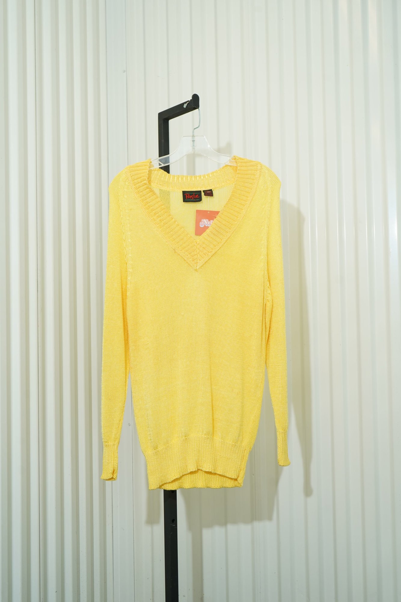 80s Pasta Marigold Yellow V-Neck Open Knit Sweater, image 3