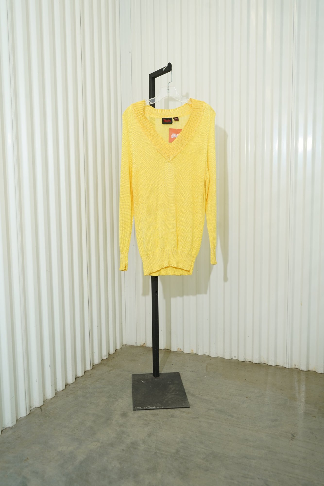 80s Pasta Marigold Yellow V-Neck Open Knit Sweater, image 2