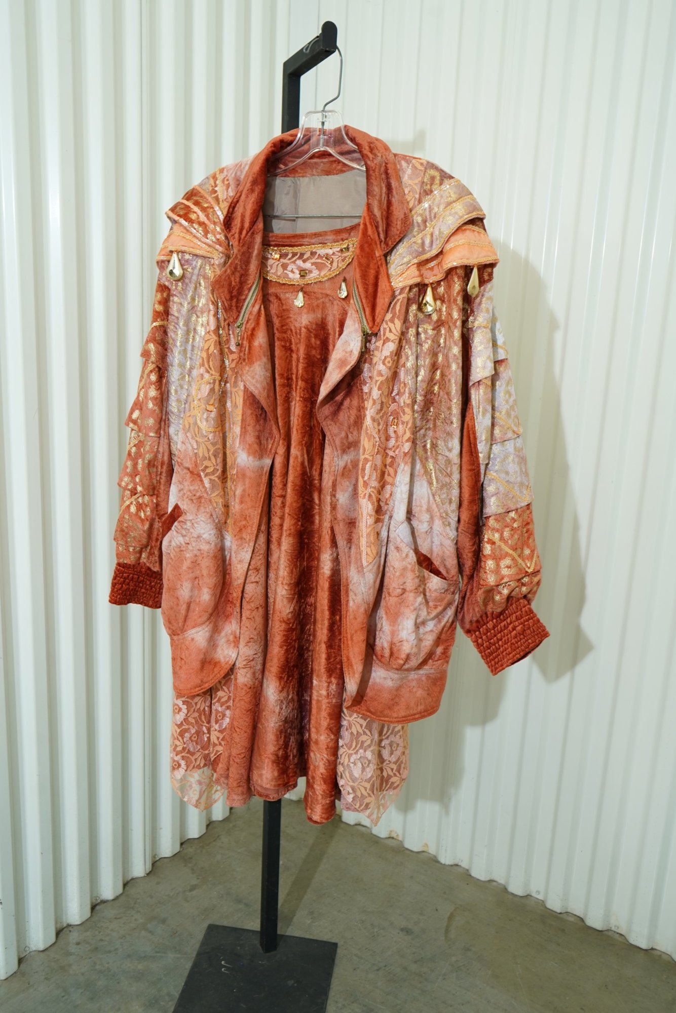 1990s Peach Crushed Velvet Metallic Brocade Lace Avant-Garde Skirt/Jacket Set, image 2