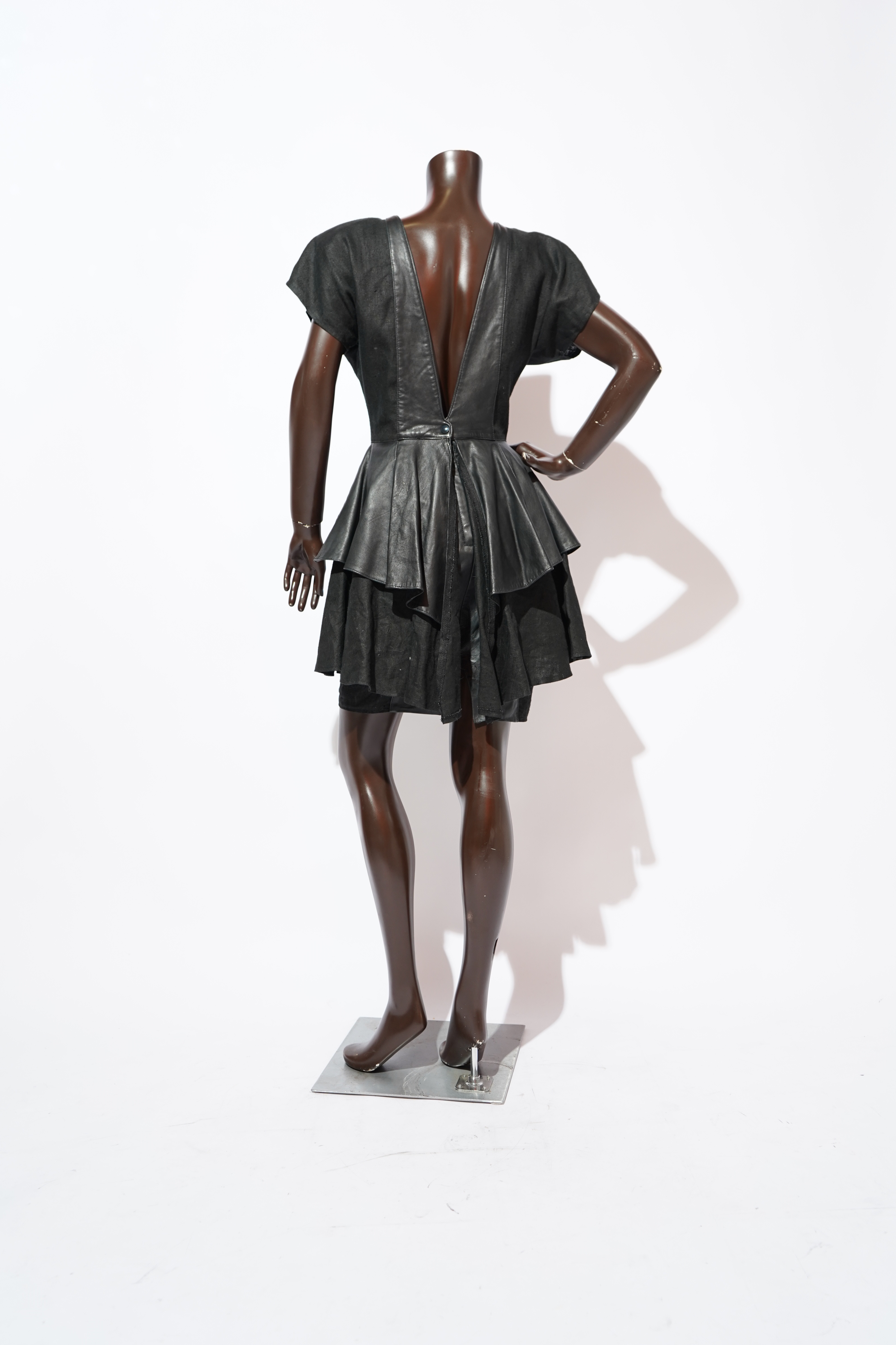 Dali Melamé Black Leather & Denim Mixed-Media Peplum Mini Dress 1980's — image 7