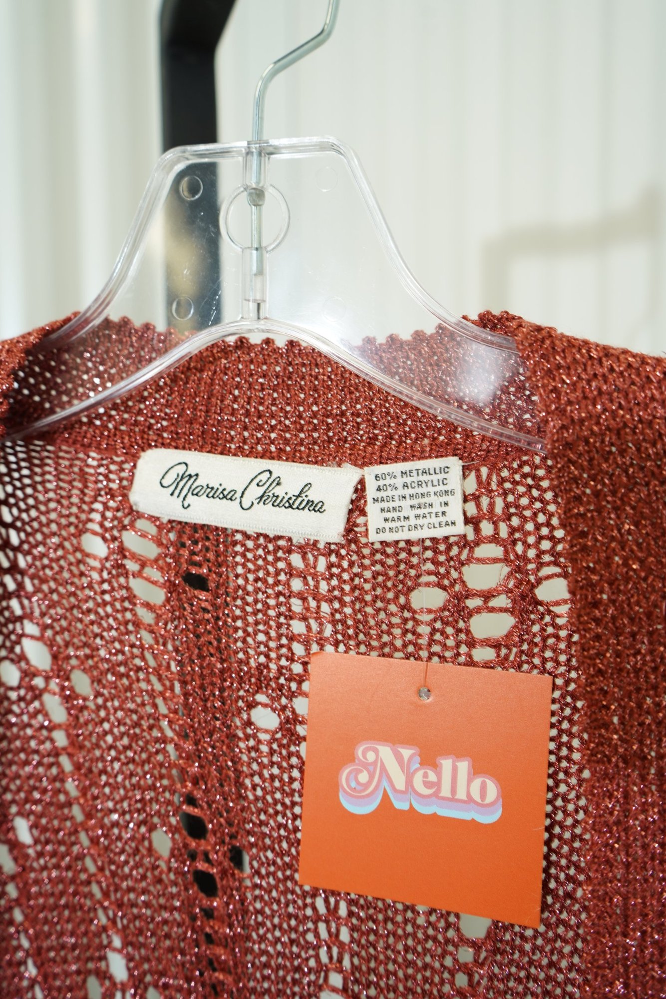 1980s-1990s Marisa Christina vermilion Metallic Acrylic Floral Crochet Long Sle…, image 3