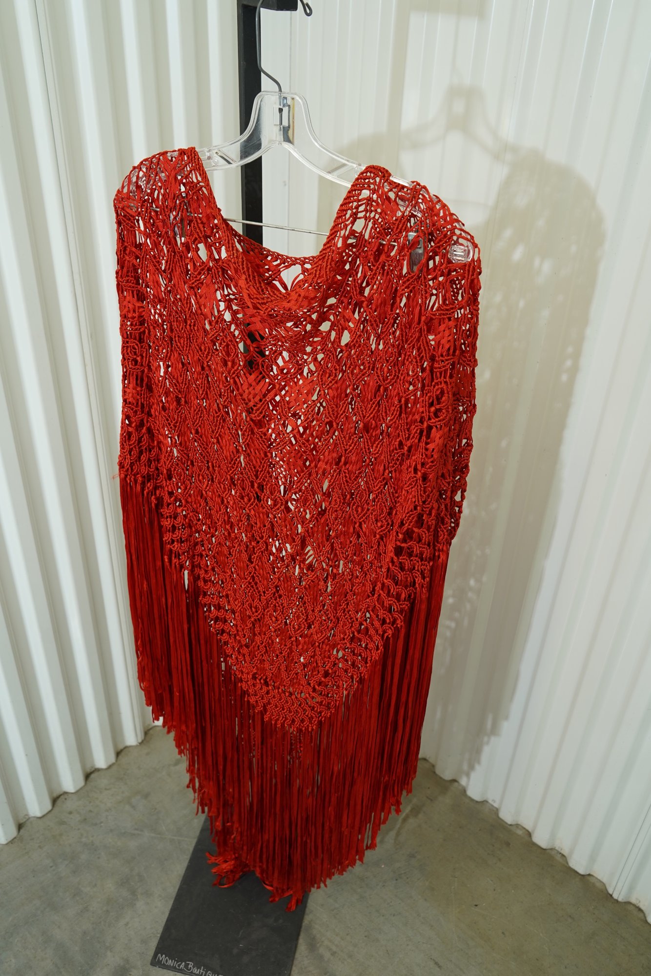 1970 Vintage Silk Macramé Poncho in Cherry Red, Long Fringe, image 6