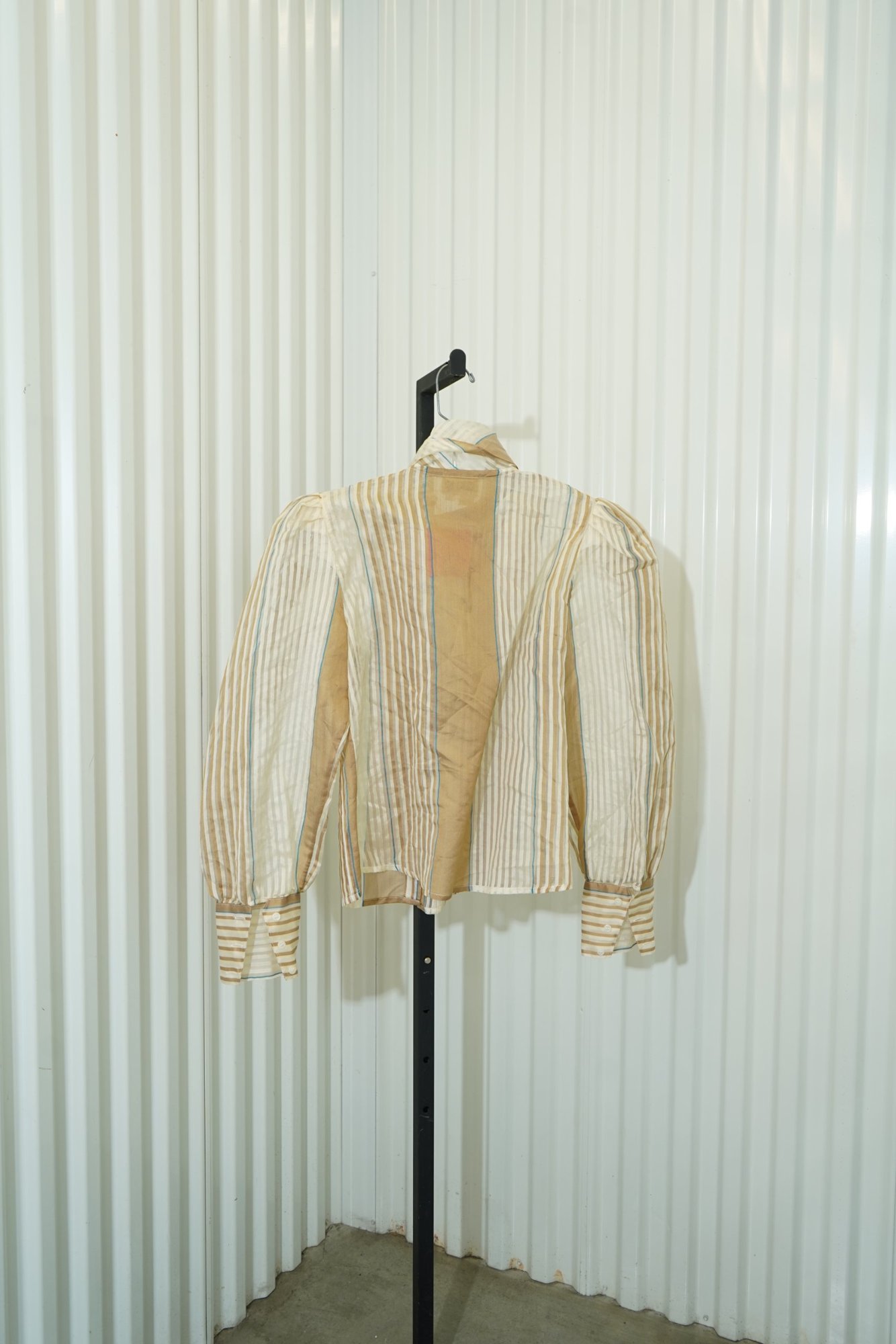 MALBE 1970s Mable Gold/Cream Sheer Striped Pesant Sleeve Tie Neck Blouse, image 6