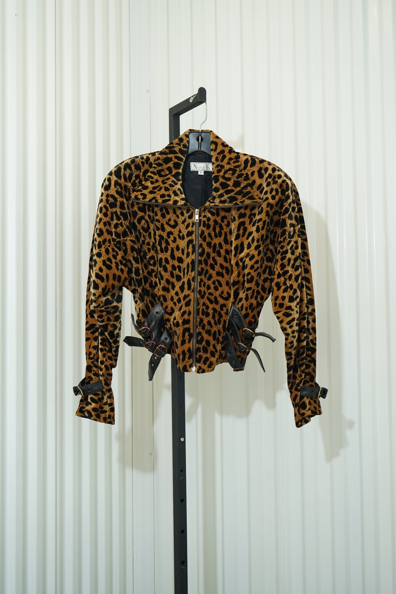 80s Nina K Leopard print tan/gold Motot Jacet with Leather Buckle Peplum, image 3