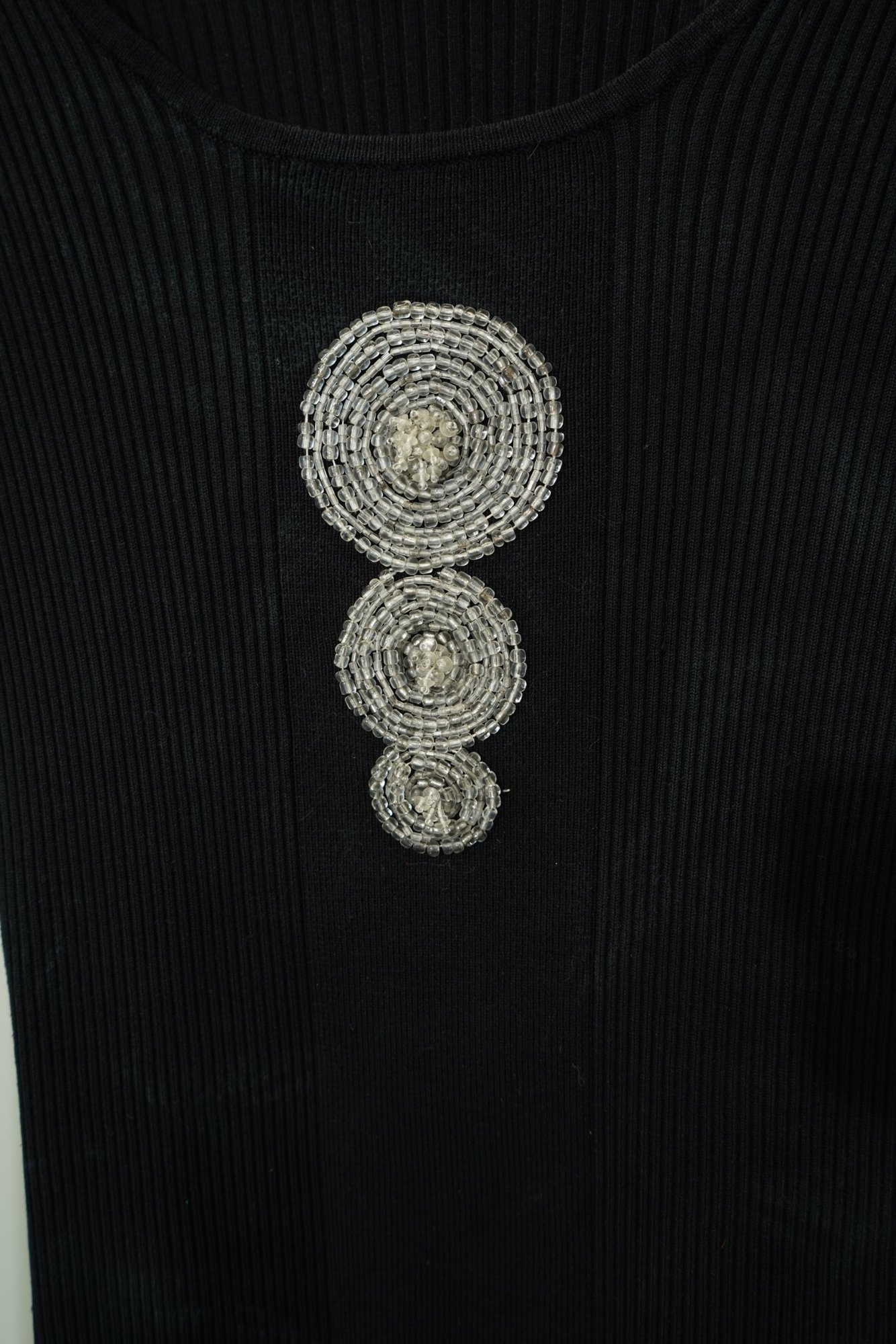 Y2K Black Ribbed Kint Scoop-neck top with Beaded Circle Emblishement, image 3