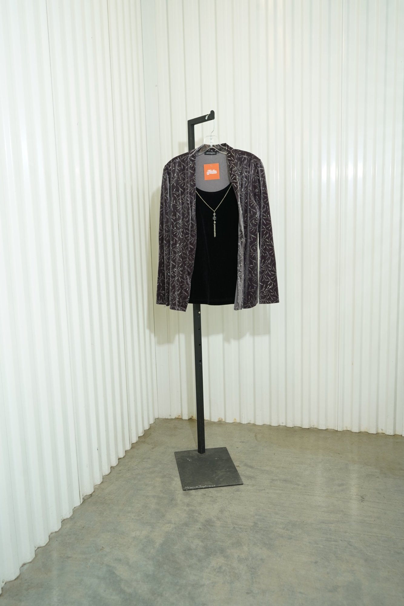 90s Notations Charcoal Silver Leaf Foil Velvet Open Cardigan, image 2